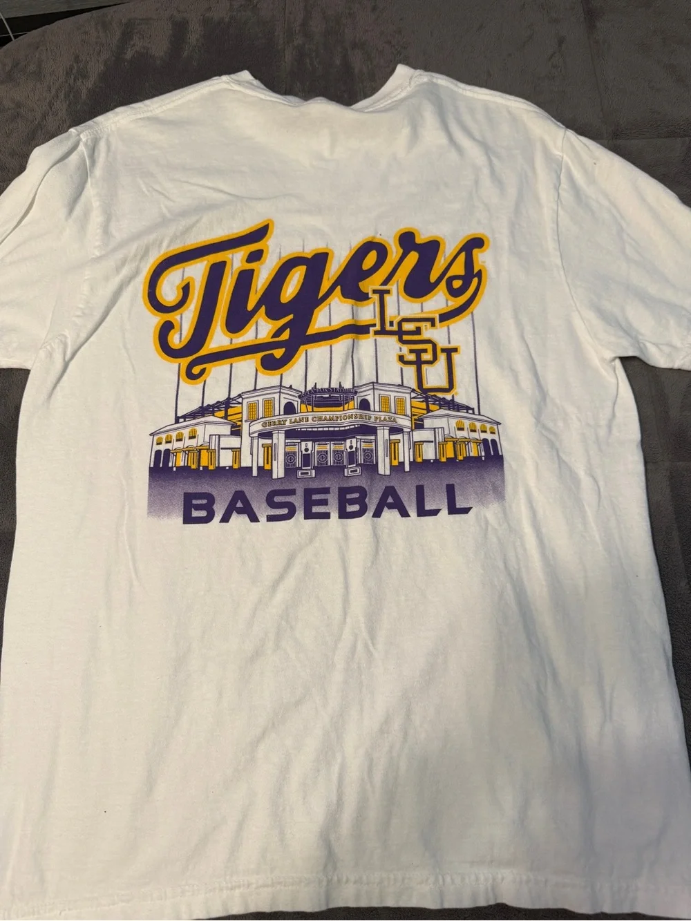 Comfort Colors White Crewneck T-Shirt with LSU tigers baseball